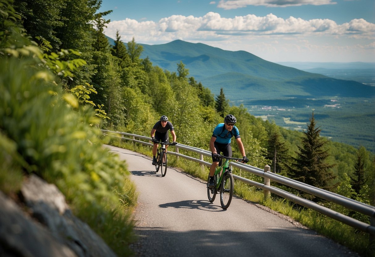 Lush green mountains tower over winding bike trails at Mont-Sainte-Anne, Quebec. The scenic route offers breathtaking views of the Canadian landscape