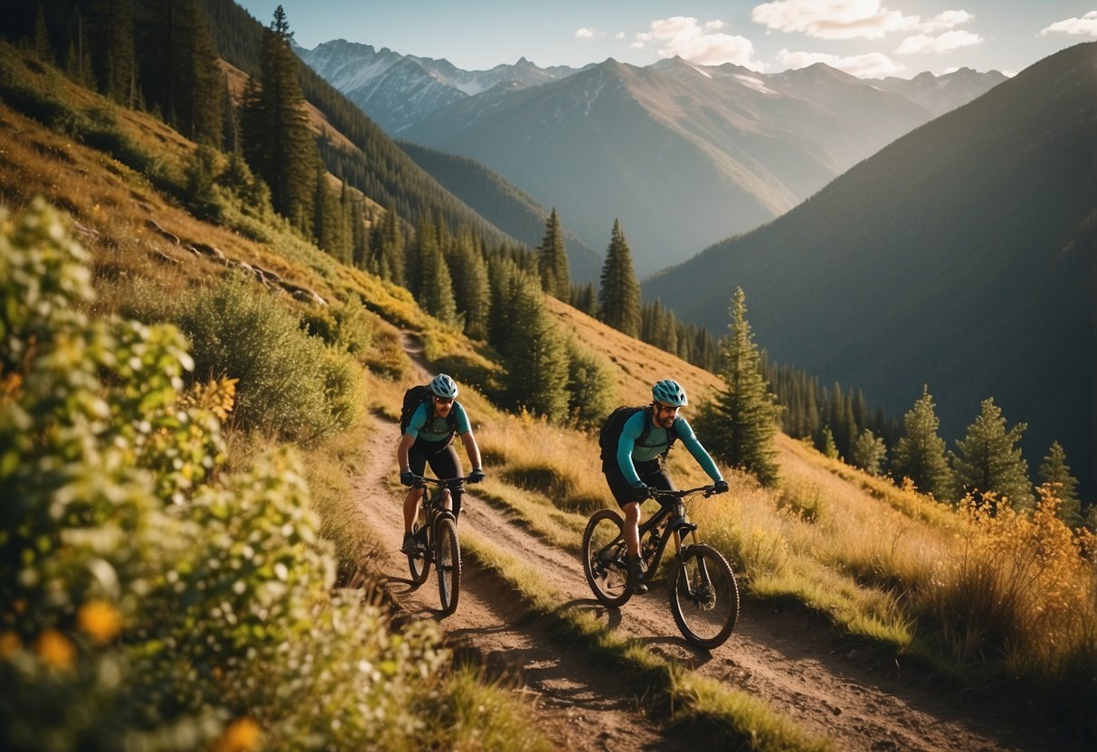 Lush forests, rolling hills, and snow-capped peaks surround the winding trails. The sun casts a warm glow on the vibrant foliage, creating a picturesque setting for mountain biking