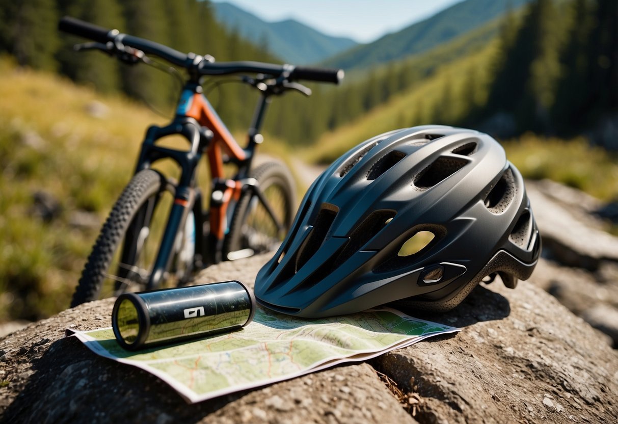 A mountain bike, helmet, water bottle, and trail map lay on a rocky path. Towering mountains and lush forests surround the trail