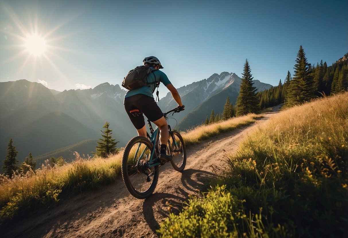 A mountain biker navigates a winding trail, surrounded by lush forests and towering peaks. The sun casts a warm glow over the picturesque landscape, with clear blue skies overhead