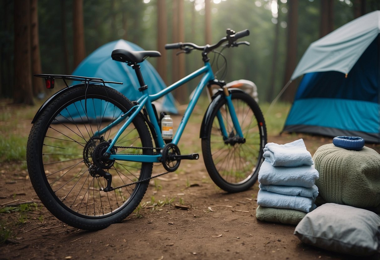 A bicycle parked next to a clean, organized campsite with a water bottle, soap, and towel laid out. Trash is properly disposed of, and a small laundry line is set up for drying clothes