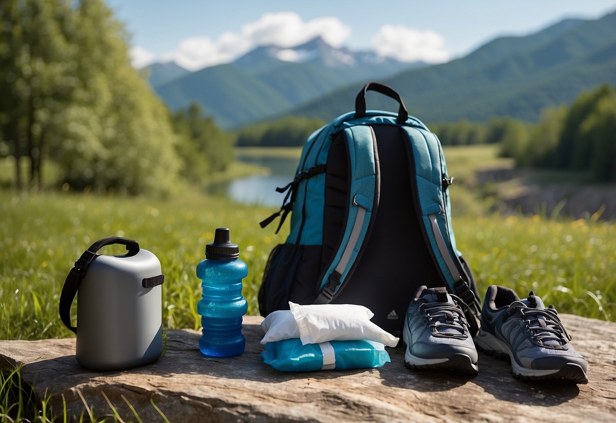 A backpack with wet wipes, water bottle, and bike gear laid out on a clean, grassy picnic area with a scenic mountain backdrop