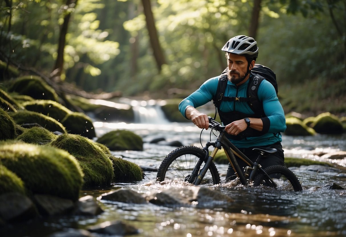 A mountain biker washes their gear with biodegradable soap in a pristine outdoor setting, surrounded by trees and a flowing stream