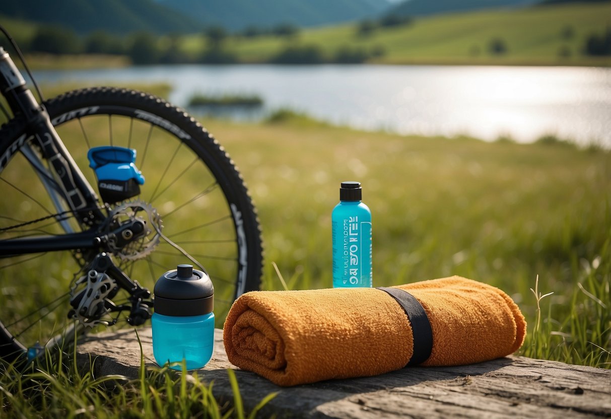 A colorful microfiber towel neatly folded next to a water bottle and bike repair kit on a grassy field, with a scenic biking trail in the background