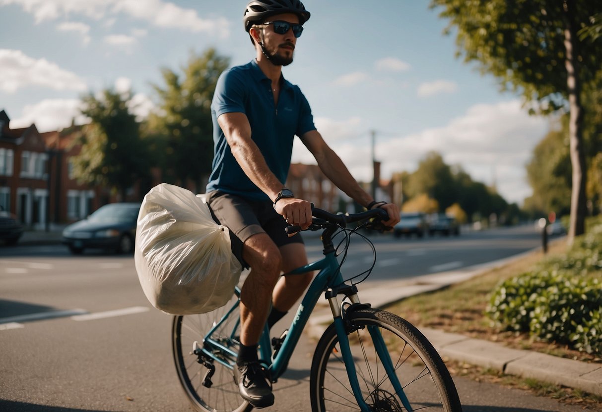 A cyclist carrying a laundry bag on a bike trip, with clean clothes neatly packed inside