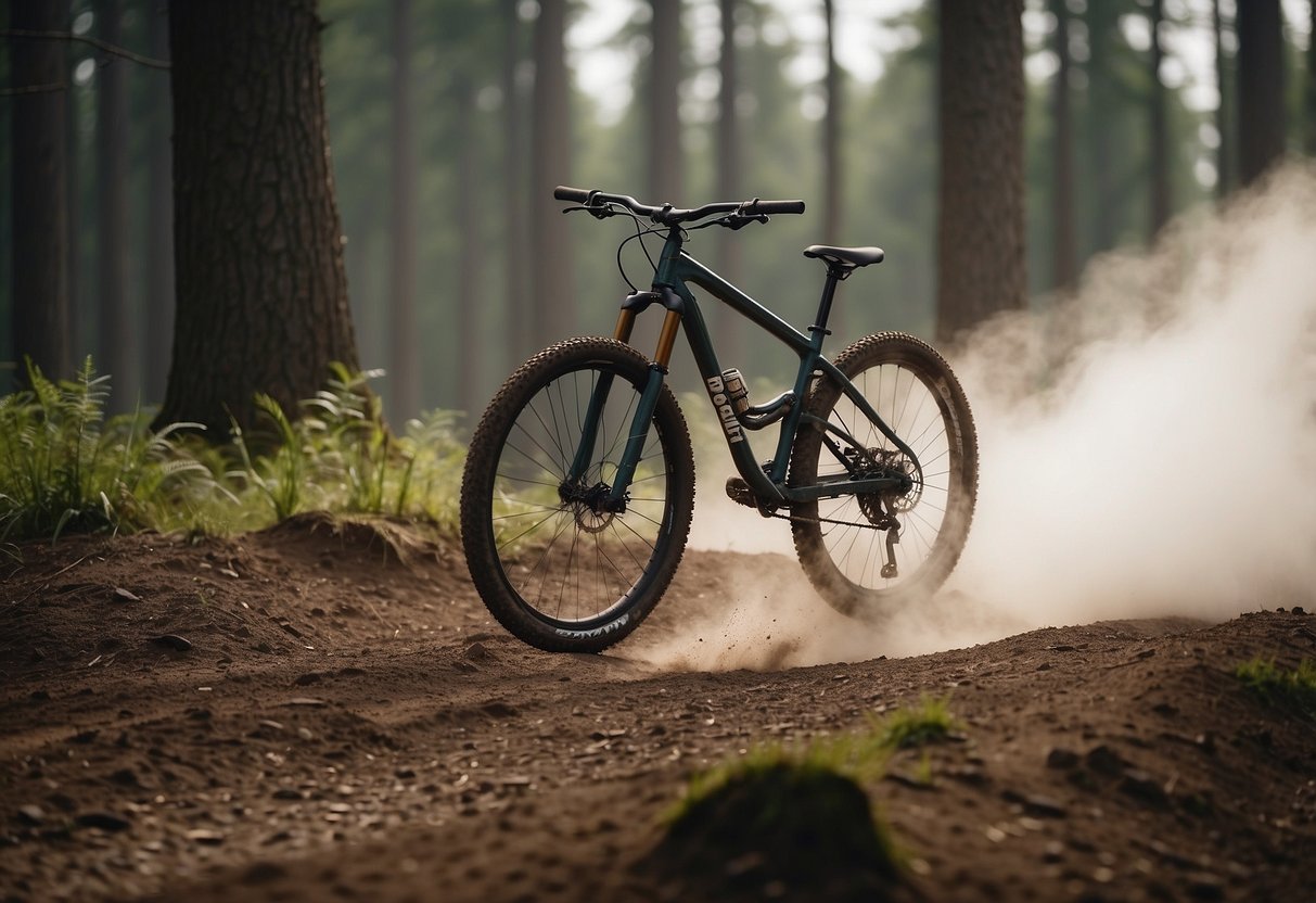 A mountain bike sits on a trail, surrounded by trees and dirt. A cloud of baby powder hangs in the air, keeping the bike and rider clean