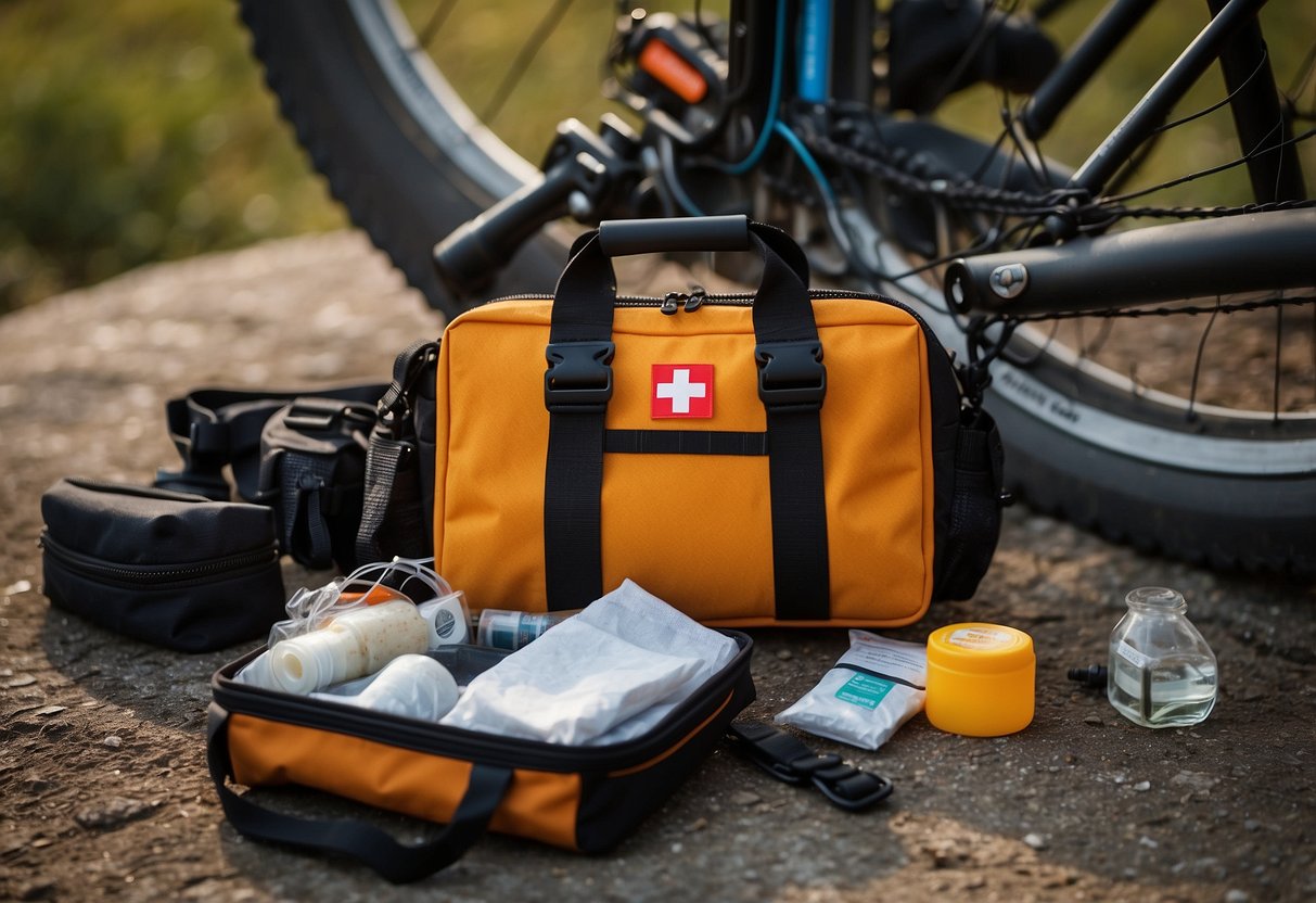 A first aid kit is being secured to a bike with straps. The kit is compact and contains essential items for staying clean on biking trips