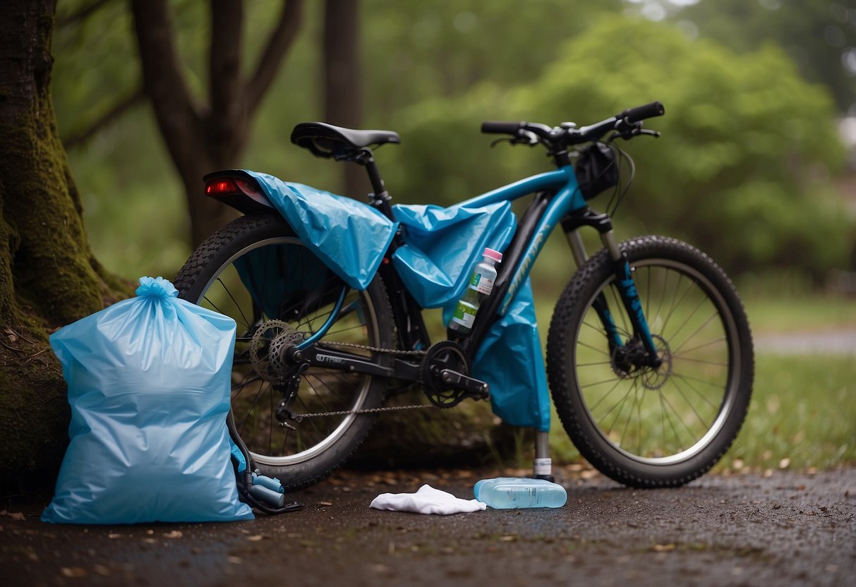 A bike parked next to a neatly folded pile of clean, dry clothing, including a rain jacket, gloves, and a hat. A small bottle of hand sanitizer sits nearby