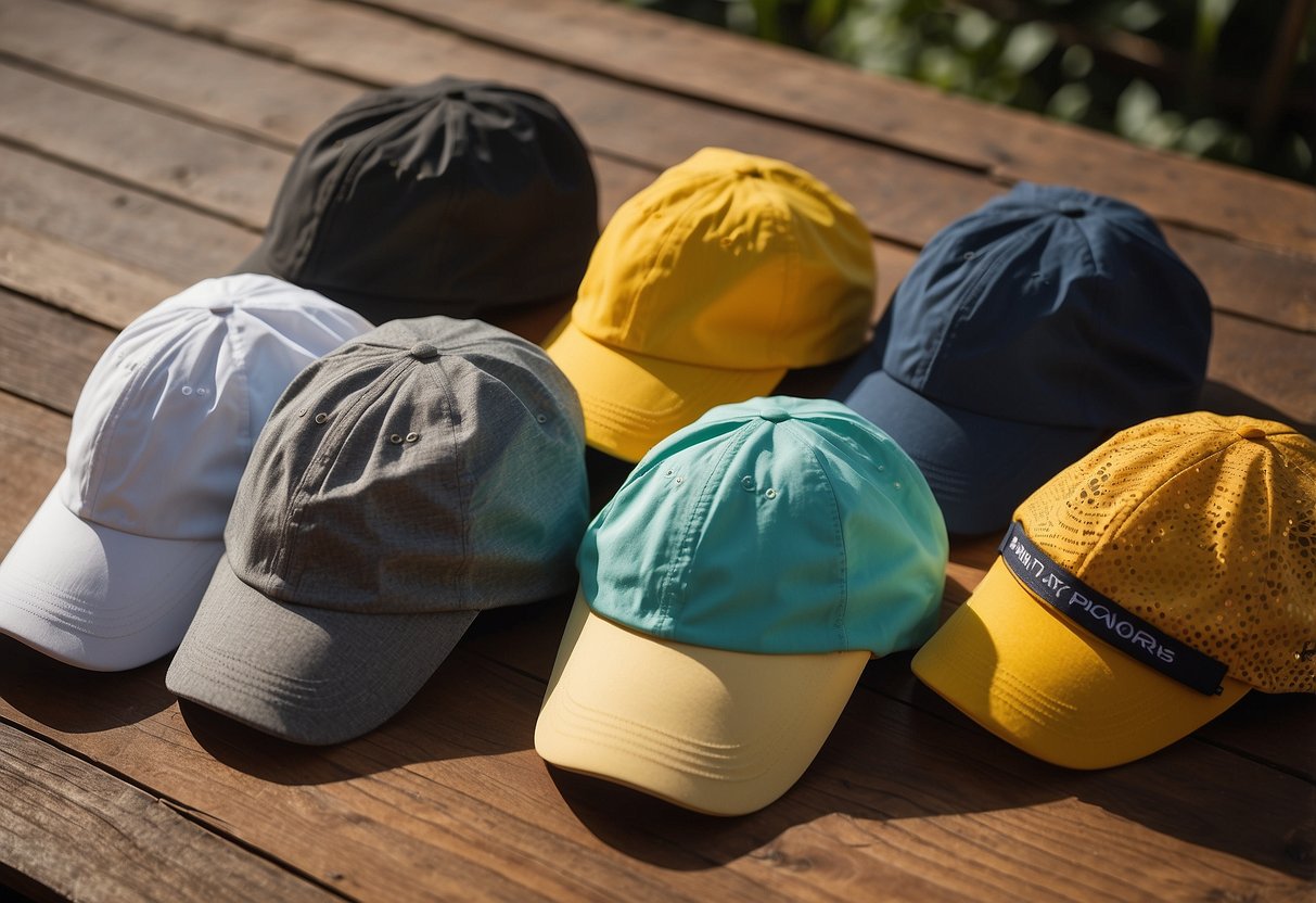 A sunny day with 5 different lightweight biking hats laid out on a table, each one offering sun protection