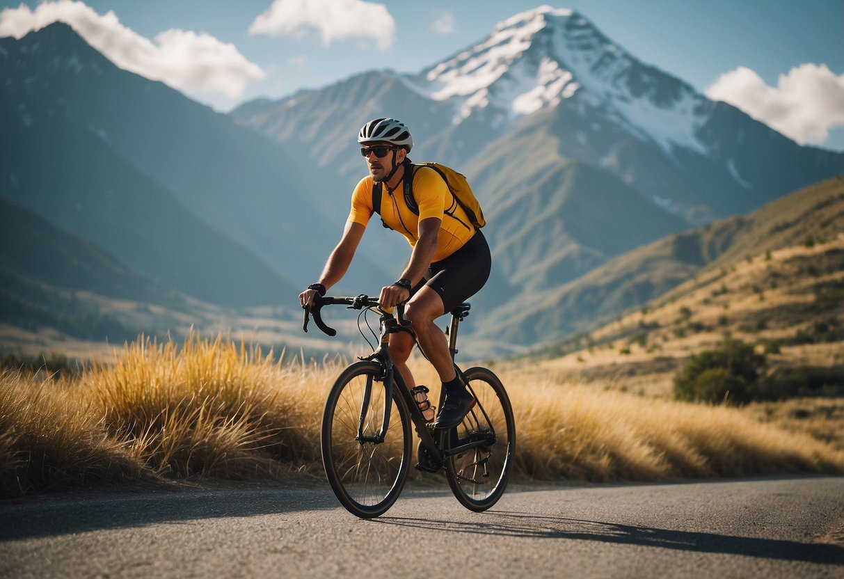 A cyclist wearing a Columbia Bora Bora Booney hat rides through a sunny, open landscape with mountains in the background