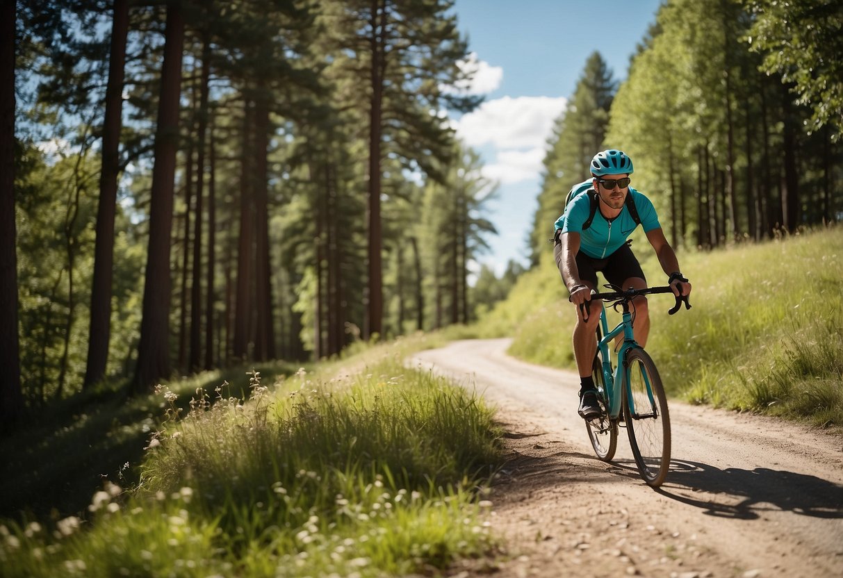 A cyclist wearing a lightweight adventure hat rides along a sunny biking trail, with trees and blue skies in the background