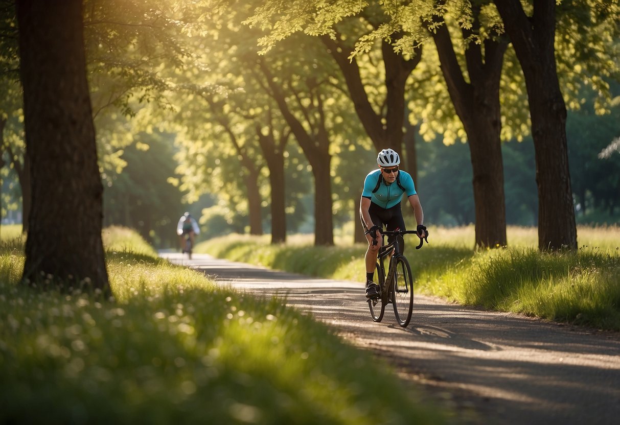 A cyclist wearing the Outdoor Research Sombriolet Sun Hat rides along a sunny, tree-lined path, with the hat's wide brim providing ample shade and protection from the sun's rays