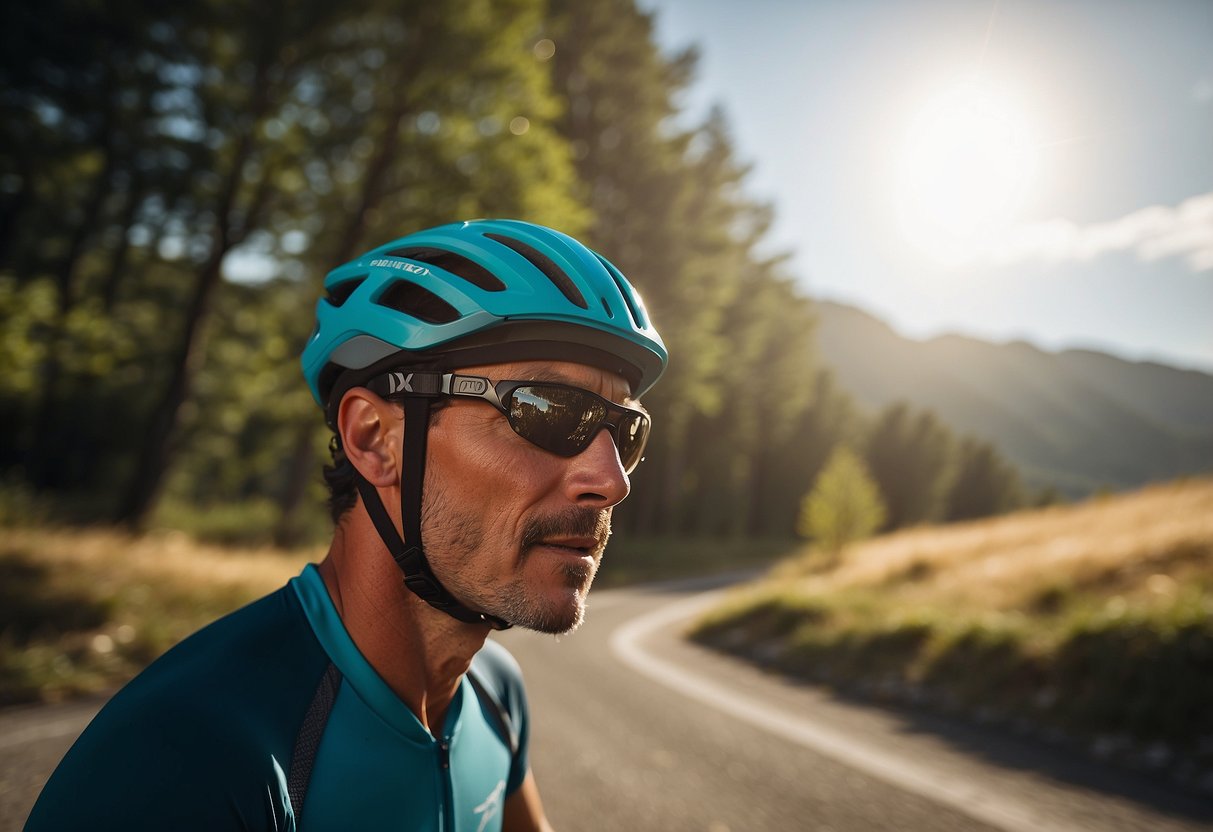 A cyclist wearing an Arc'teryx Sinsola Hat, riding under the bright sun, with the hat providing shade and protection from the sun's rays