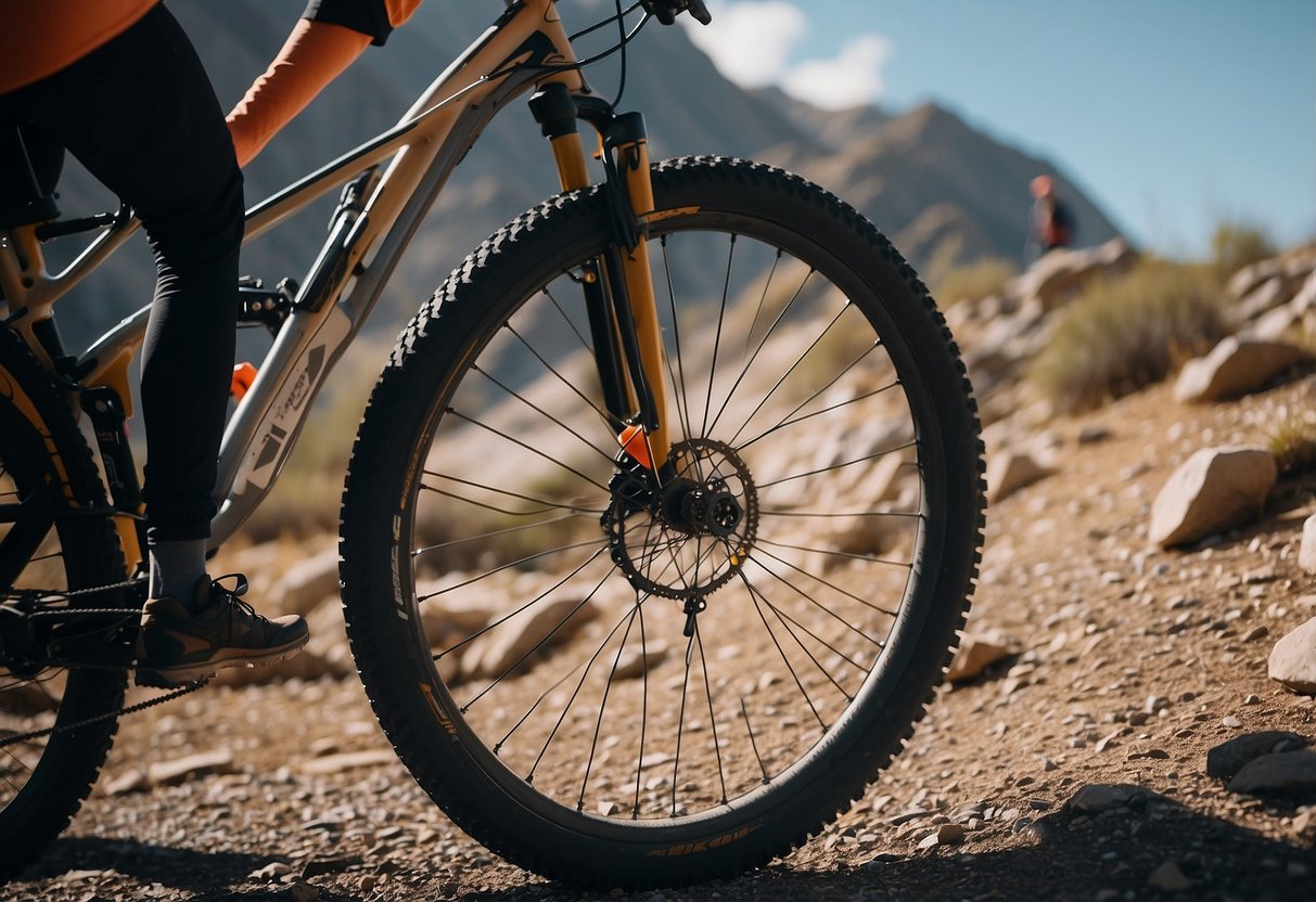 Mountain bike on rocky trail, rider encounters flat tire. Uses tire levers to remove tire, patch tube, and re-inflate with mini pump