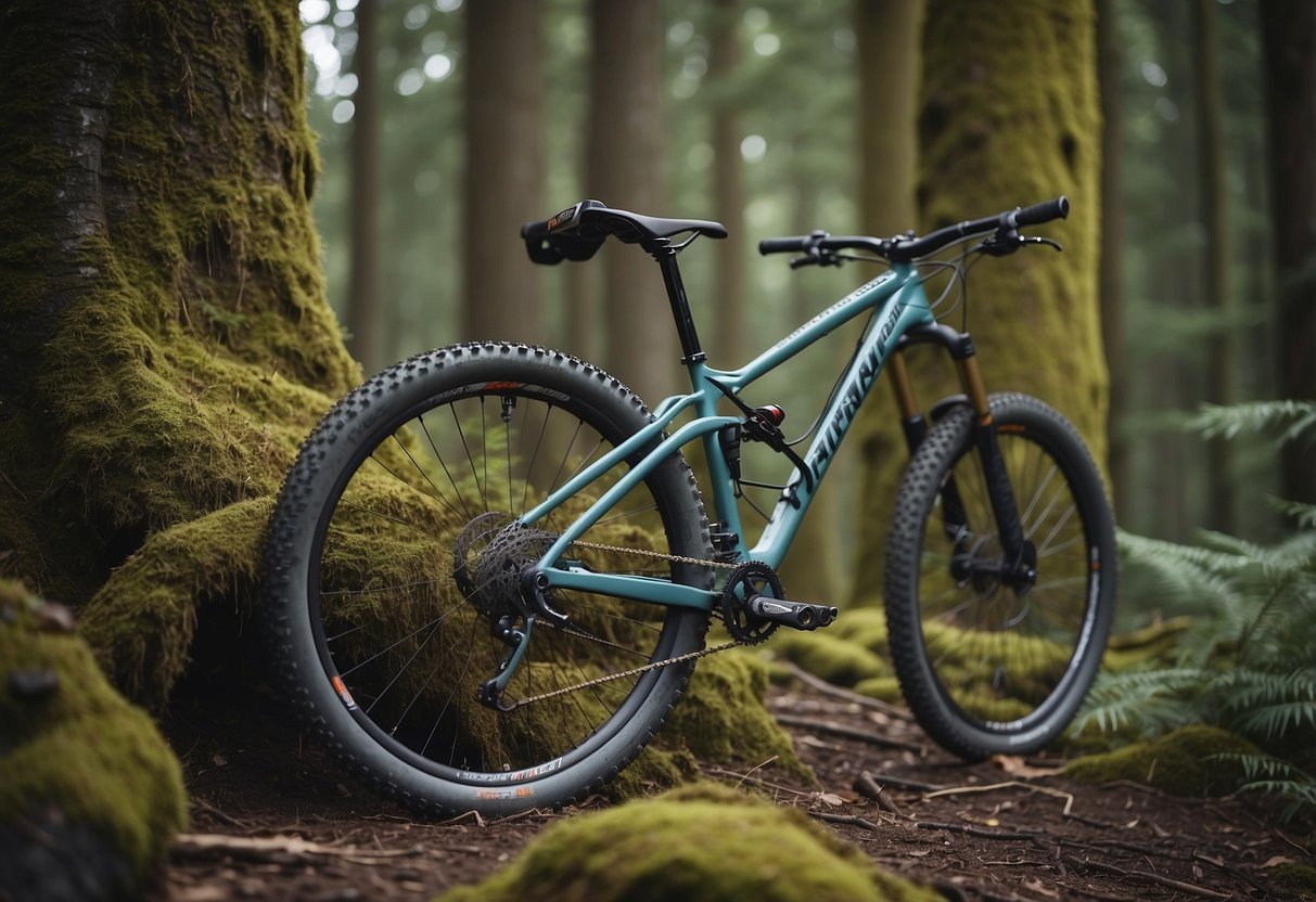 A mountain bike rests against a tree, with a first aid kit strapped to the frame. In the background, a rugged trail winds through dense forest, hinting at the potential for emergencies