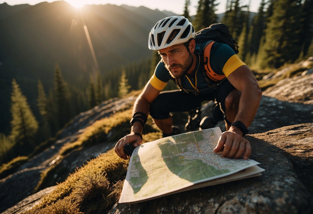 A mountain biker holds a map and compass, surrounded by rugged terrain and dense forest. The sun is setting, casting long shadows. The biker looks determined and focused