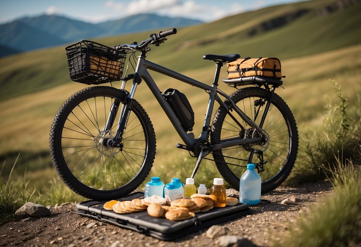 A mountain bike with a basket filled with food and water, a first aid kit strapped to the frame, and a map tucked into the handlebars