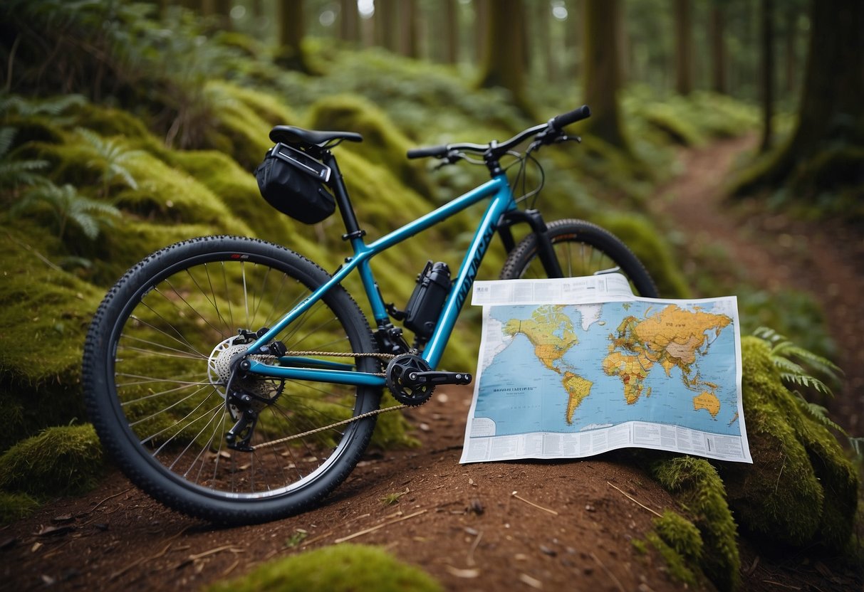 A mountain bike parked on a trail with a map and emergency kit laid out next to it. A signpost indicating the route is visible in the background