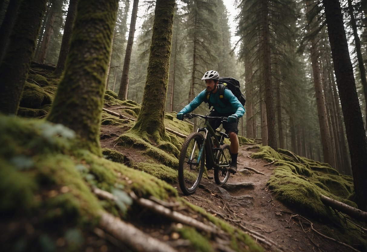 A mountain biker navigates a steep trail, surrounded by rugged terrain and dense forest. They carefully maneuver around obstacles and steep drops, equipped with essential safety gear and a map of emergency routes