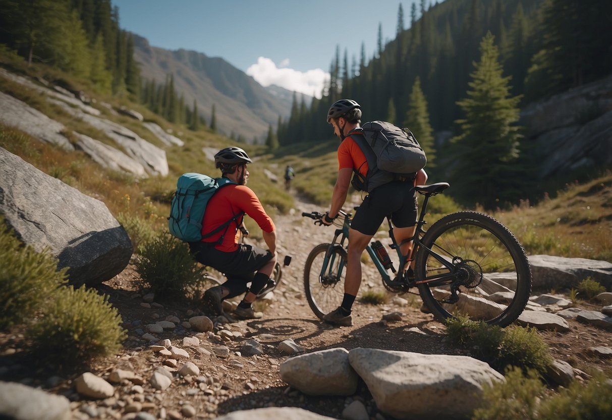 A mountain biker stops to assess a flat tire, while another rider signals for help on a rocky trail. Nearby, a first aid kit and emergency supplies are visible in a backpack