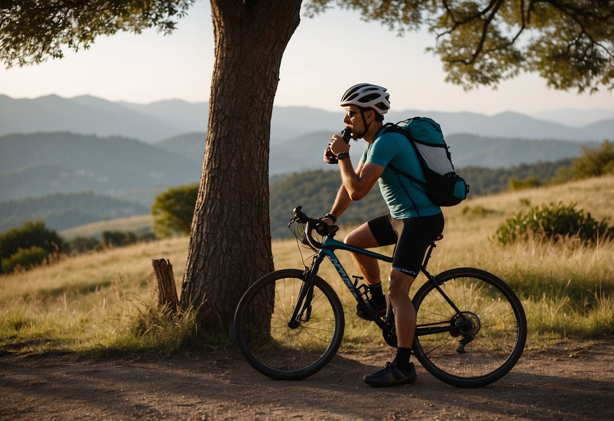 A cyclist sipping from a water bottle while surrounded by scenic views and a bike leaning against a tree