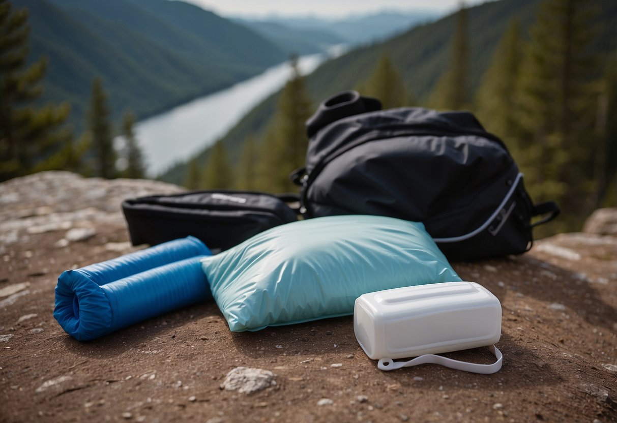 Cold packs placed on sore muscles, surrounded by biking gear and a scenic backdrop