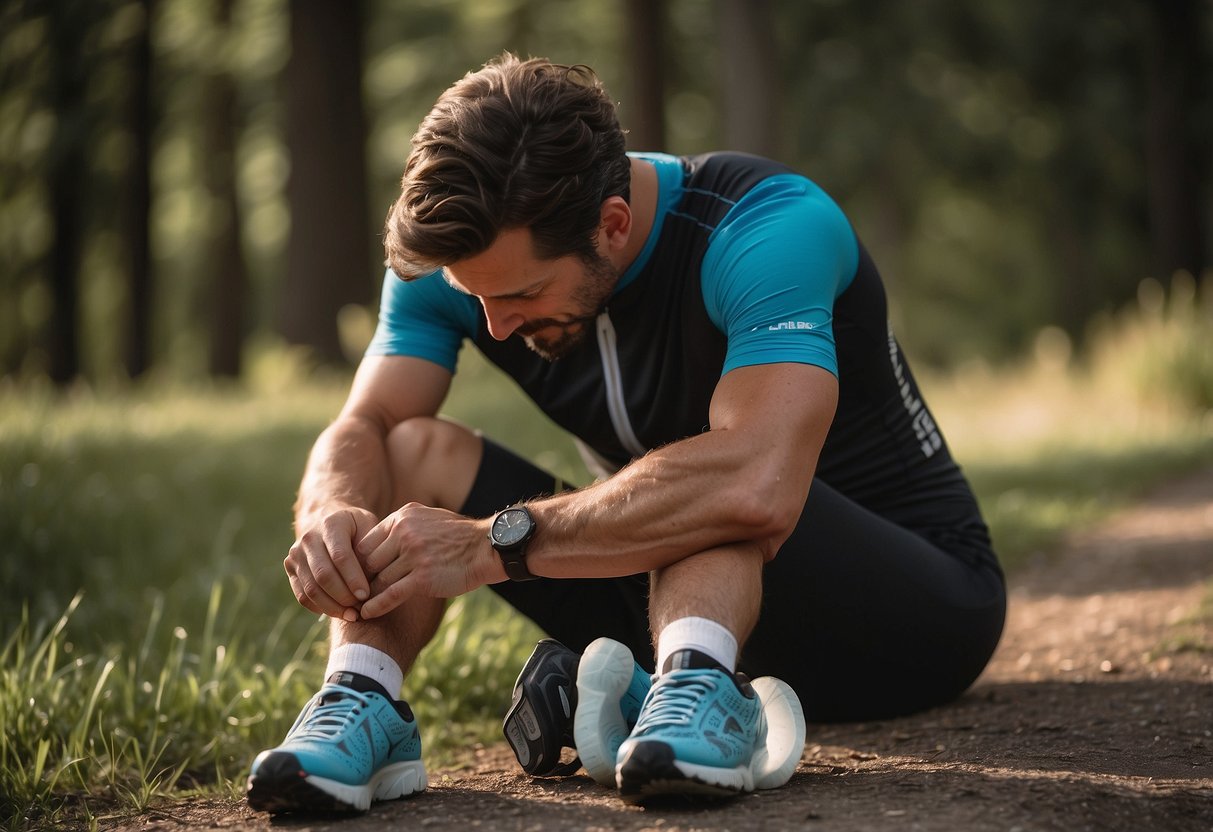 A cyclist massages their sore muscles, applies ice, and stretches, while reading a guidebook on managing sore muscles during biking trips