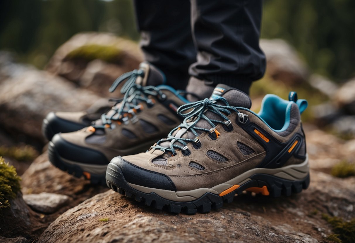 A rugged mountain trail with rocky terrain, showcasing five different pairs of biking shoes in a row