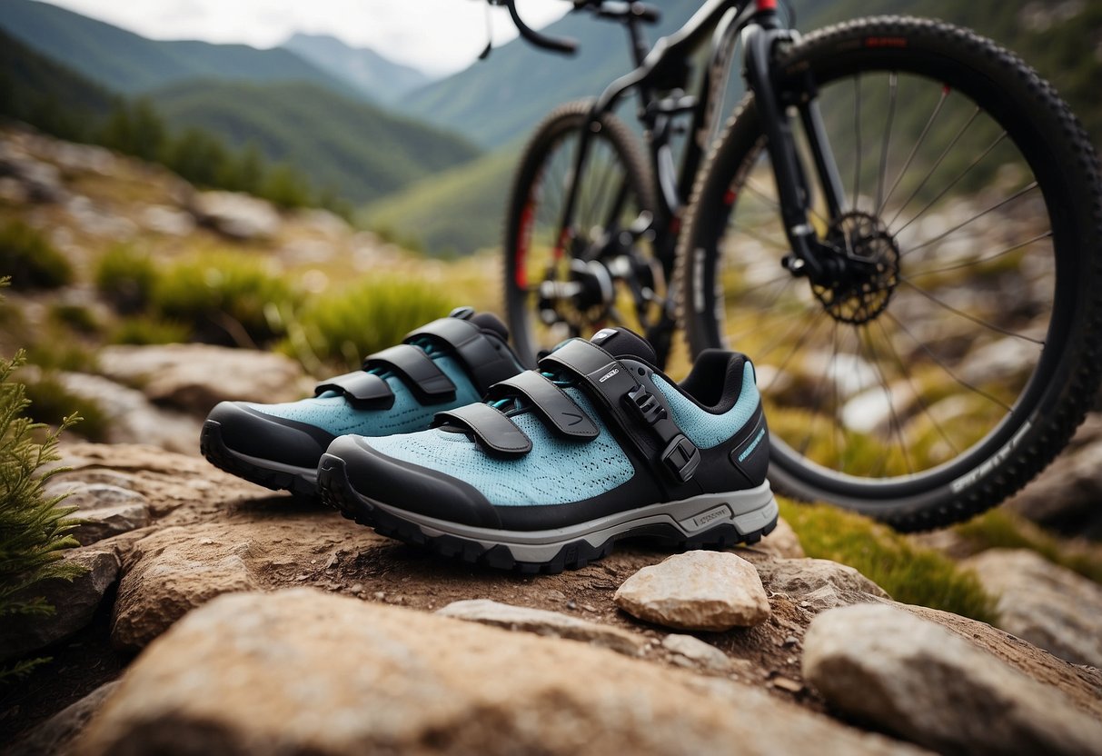 A pair of Pearl Izumi X-Alp Summit 5 biking shoes on a rugged, rocky terrain, with a mountain bike nearby