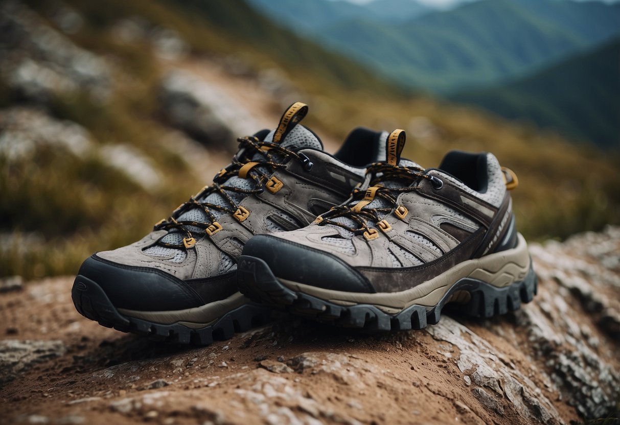 Biking shoes on rugged terrain, with rocky paths and uneven surfaces. Show sturdy grip and durable material. A mountainous backdrop adds to the ruggedness