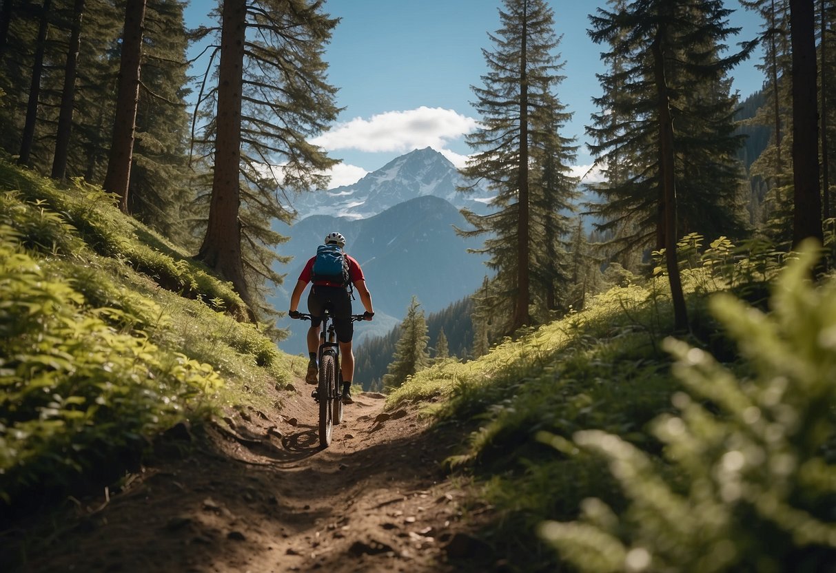 A mountain biker navigates a narrow trail through lush forests, with snow-capped peaks in the distance and a clear blue sky overhead