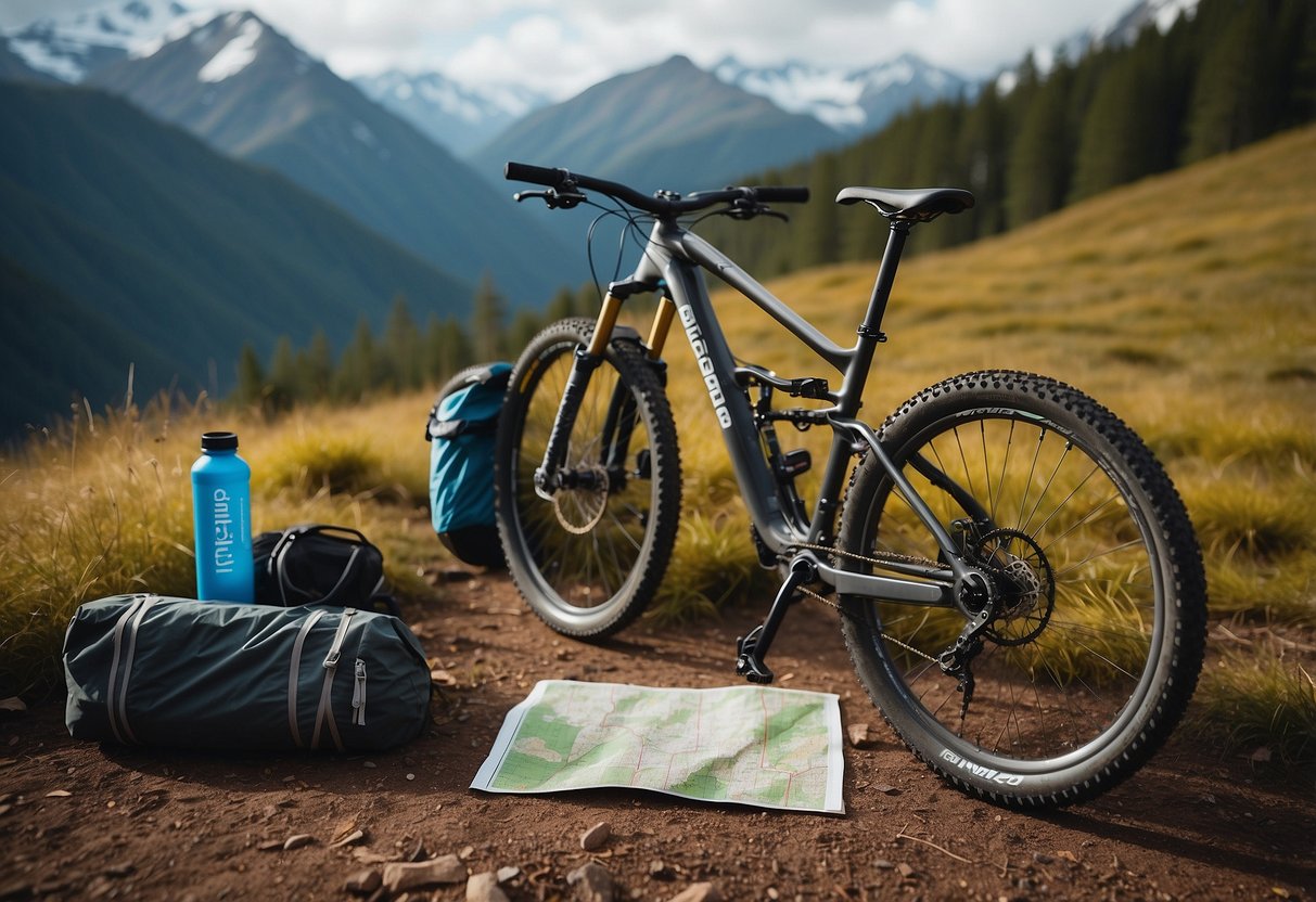 A mountain bike parked on a rugged trail, surrounded by dense forest and towering mountains. A map and compass lay on the ground next to it, with a water bottle and energy bars in the bike's holder