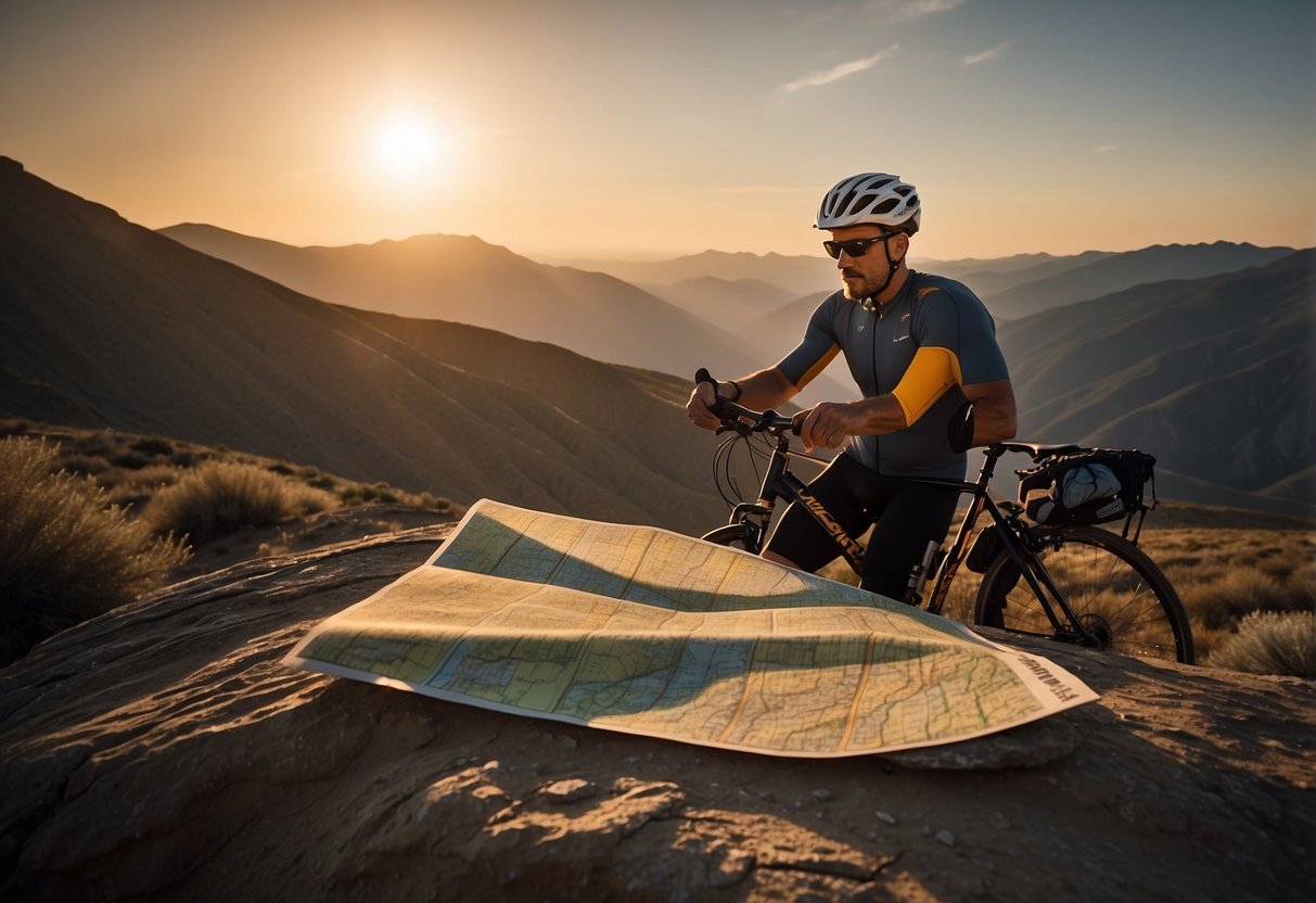 A cyclist studies a map surrounded by rugged terrain, with a bike loaded with supplies nearby. The sun sets in the distance, casting a warm glow over the scene