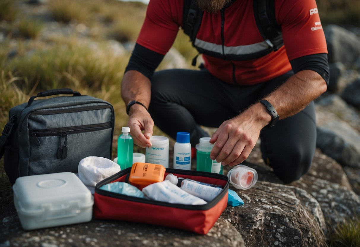 A cyclist packing a first aid kit with bandages, antiseptic, and supplies in a remote wilderness setting