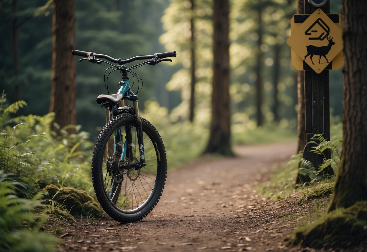 A mountain bike parked next to a trail sign, surrounded by tall trees and chirping birds. A deer grazes in the distance as a rabbit hops across the path