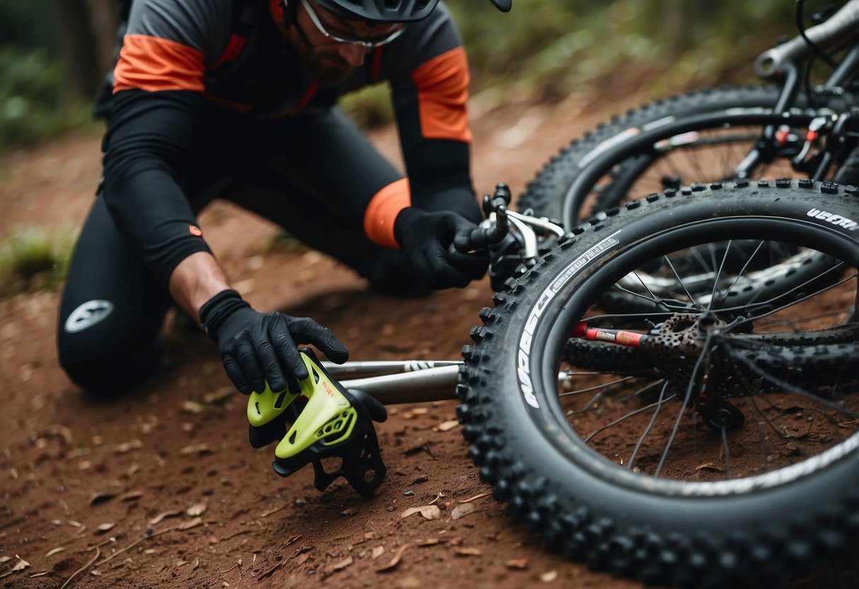 A mountain bike is being loaded with supplies - water, food, and a map. The rider checks the tire pressure and adjusts the helmet before setting off into a remote wilderness