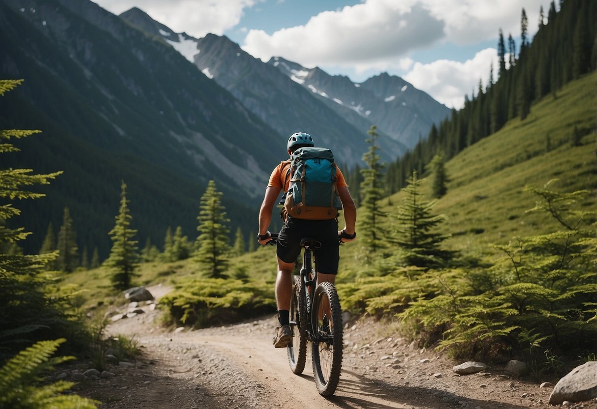 A mountain biker navigates a rugged trail, surrounded by dense forest and towering peaks. They carry a backpack with emergency supplies and a map, while keeping a watchful eye on the challenging terrain