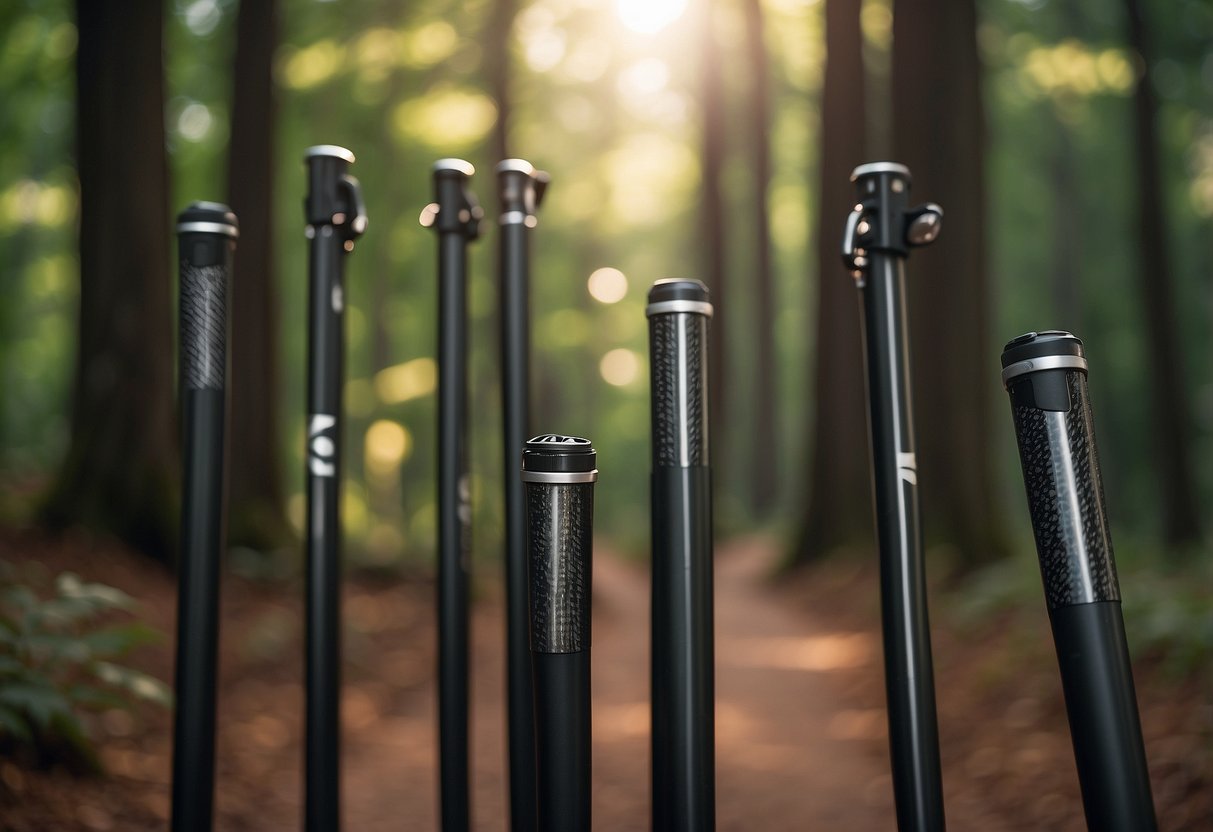 Five sleek, carbon fiber biking poles arranged in a neat row on a sunlit forest trail