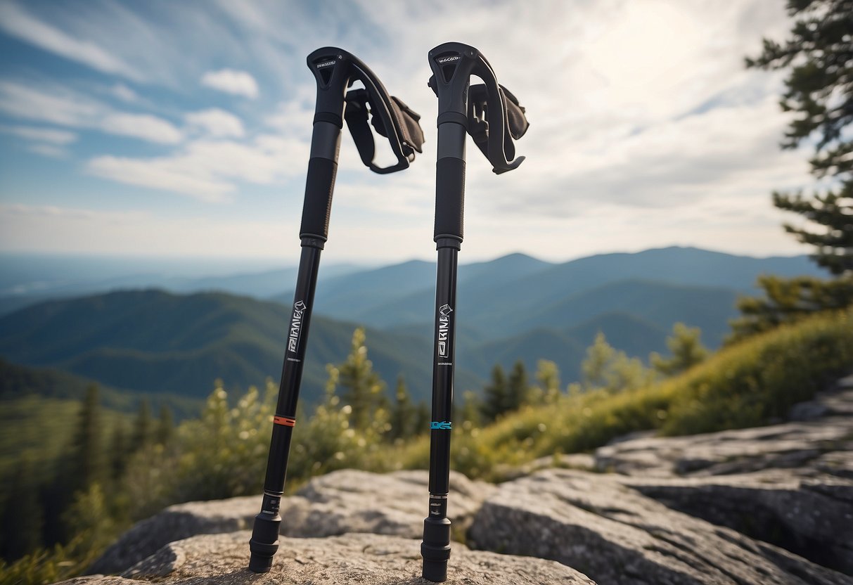 Two Black Diamond Distance Z 5 lightweight biking poles standing upright on a rocky mountain trail, with a scenic view of a winding path and lush greenery in the background