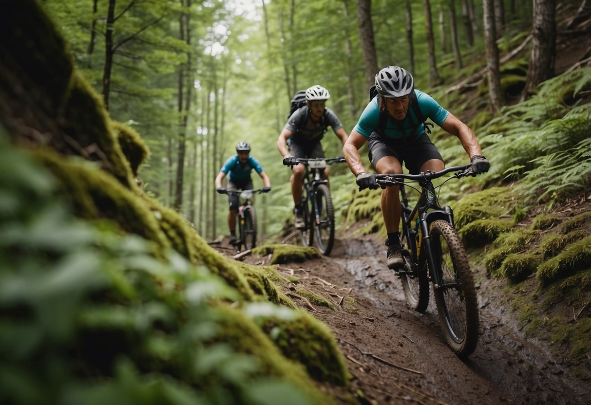 Mountain bikers navigating through lush forest, crossing streams, and ascending rocky trails. Birds chirping, leaves rustling, and the sound of wheels on dirt