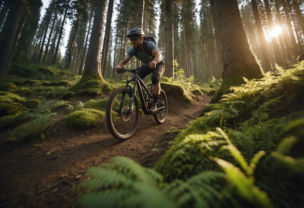 A mountain biker rides through a lush forest, capturing the journey with a mounted GoPro. The trail winds through trees and over rocky terrain, with glimpses of scenic vistas