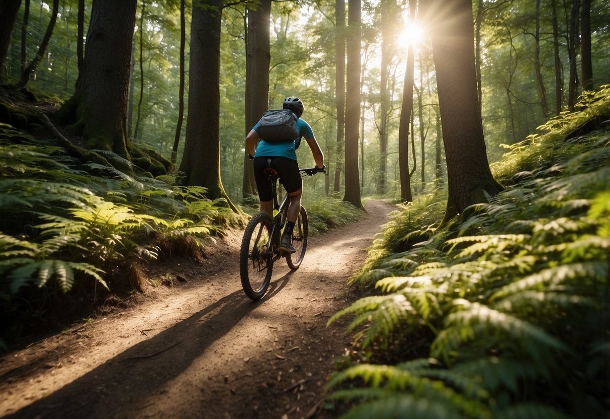 A mountain bike cruises through a lush forest trail, with sunlight filtering through the trees and a clear path ahead. The AllTrails app is open on a smartphone, providing navigational assistance