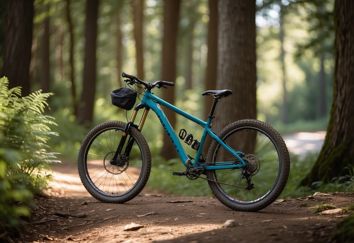 Mountain bike parked next to a trail sign. Trees, plants, and wildlife surround the area. A peaceful and serene atmosphere with the sounds of nature