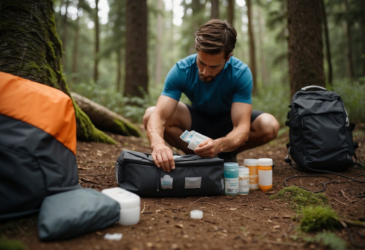 A mountain biker unpacks a portable first aid kit in a serene natural setting, surrounded by trees and trails. The kit is open, revealing bandages, ointments, and other supplies