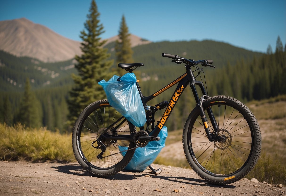 A mountain bike parked next to a trail, with biodegradable waste bags attached to the handlebars. Surrounding scenery includes trees, mountains, and a clear blue sky