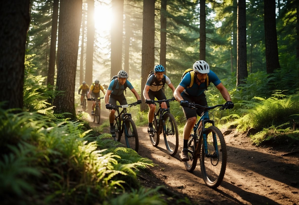 A group of mountain bikers ride through a lush forest, following a winding trail that leads them deeper into nature's embrace. The sun filters through the trees, casting dappled light on the vibrant foliage and creating a picturesque scene of outdoor adventure