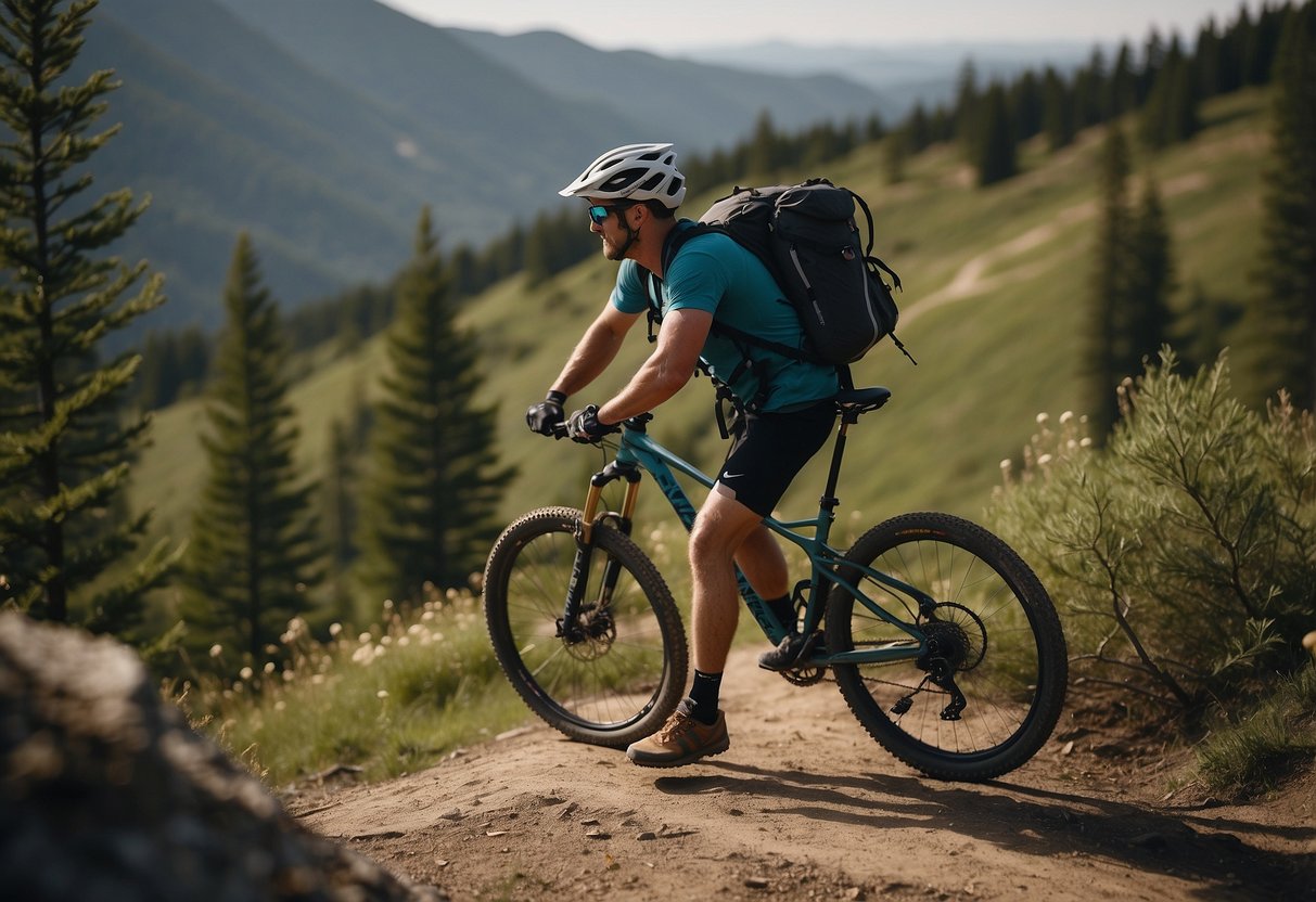 A mountain biker stops to take high-quality photos of scenic nature views while on the trail