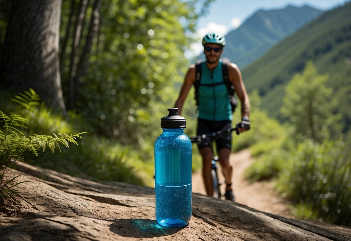 A mountain biker pauses on a trail, surrounded by lush green trees and a clear blue sky. They reach for a reusable water bottle, taking a moment to stay hydrated and connect with nature