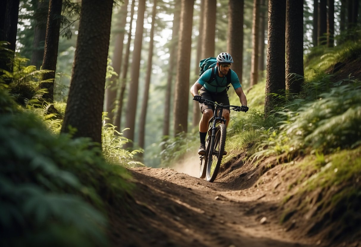 A mountain biker rides along a narrow trail, surrounded by tall trees and lush vegetation. The path is well-maintained, with minimal impact on the natural environment