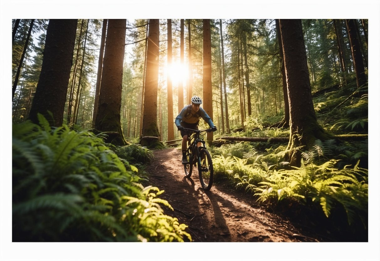 A mountain biker riding through a lush forest, with sunlight filtering through the trees and birds chirping in the background. The trail winds up and down, providing a sense of adventure and connection with nature